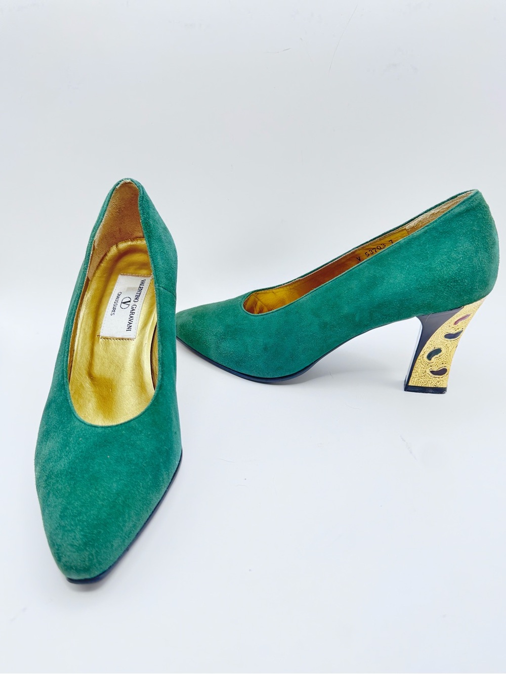 Vintage Valentino Garavani Green Suede Pumps Gold Enamel Heel Size 7 Japan